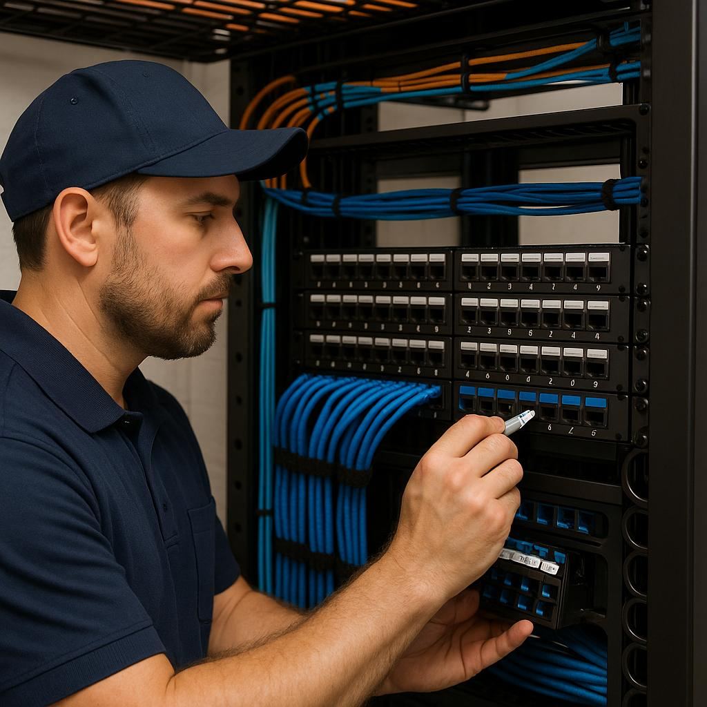 Engineer labelling a patch panel