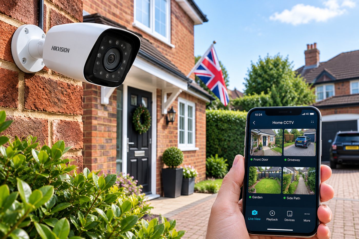 Hikvision CCTV camera on a British home with the live view app on a phone